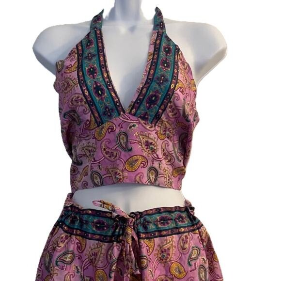 ASHA Pink Paisley Print Halter Crop Top Wide Leg Pants Set Boho Festival - Picture 2 of 5